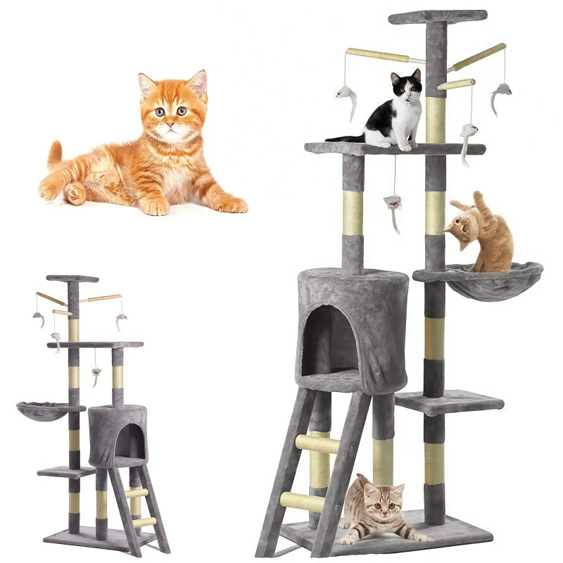 Cats on a grey cat tree