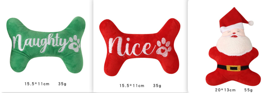 Christmas plush dog toys: Santa, Nice bone and Naughty bone
