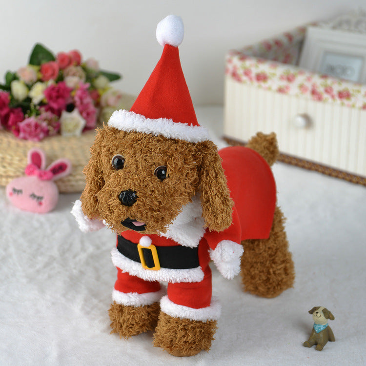 Small dog wearing a red Santa suit with hat