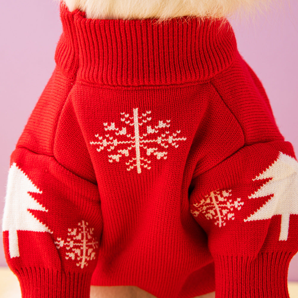 Red knitted Christmas dog jumper with reindeer and tree pattern