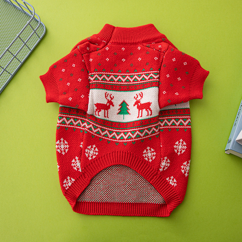 Red knitted Christmas dog jumper with reindeer and tree pattern